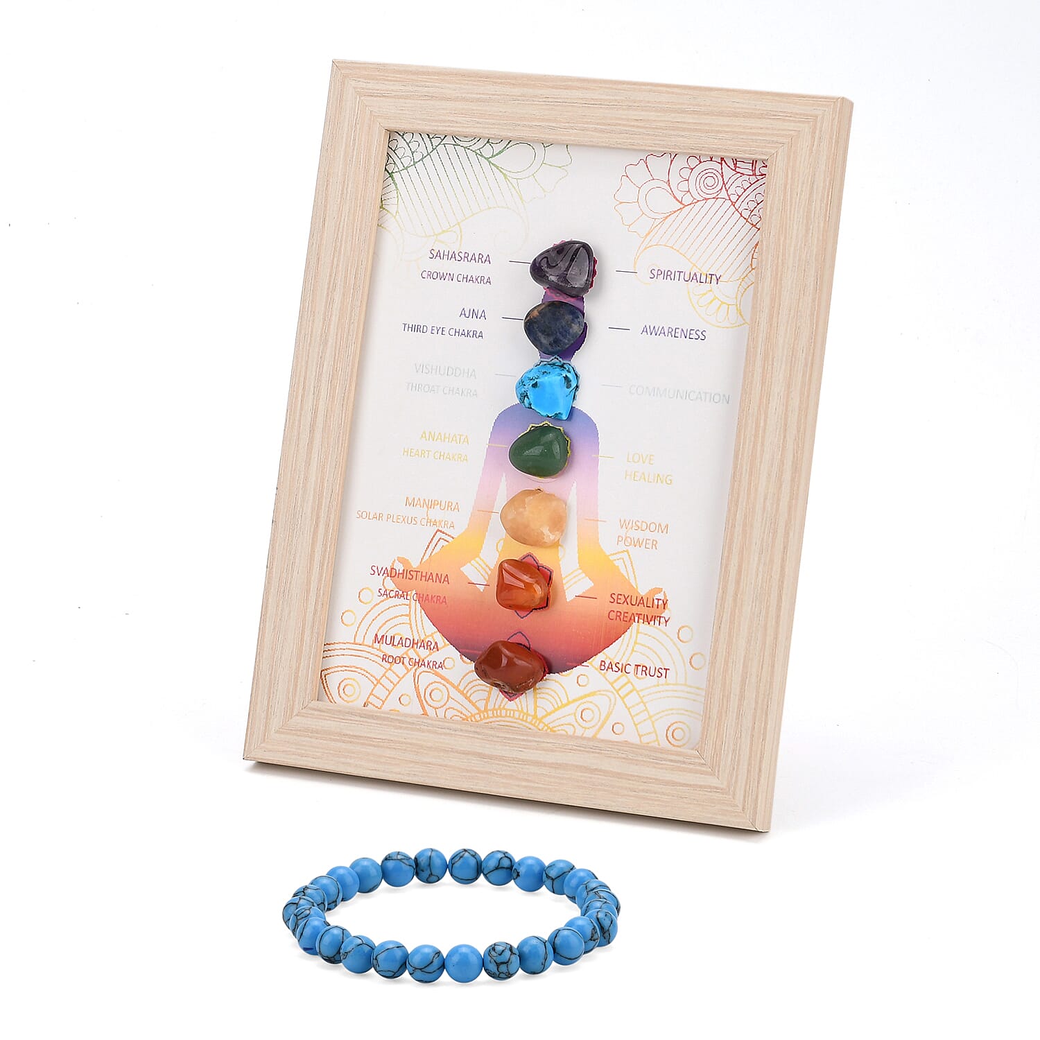Multi-Gemstone 7 Chakra Healing Crystal Gift Set- Photo Case & Blue Howlite Beads Stretchable Bracelet (7.8-8 inch)