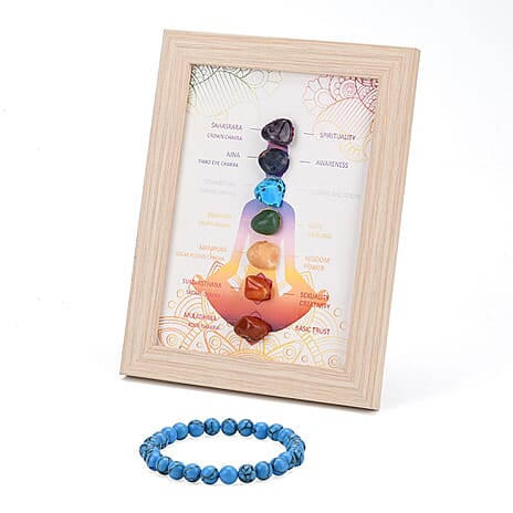 Multi-Gemstone 7 Chakra Healing Crystal Gift Set- Photo Case & Blue Howlite Beads Stretchable Bracelet (7.8-8 inch)