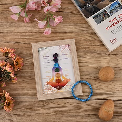 Multi-Gemstone 7 Chakra Healing Crystal Gift Set- Photo Case & Blue Howlite Beads Stretchable Bracelet (7.8-8 inch)