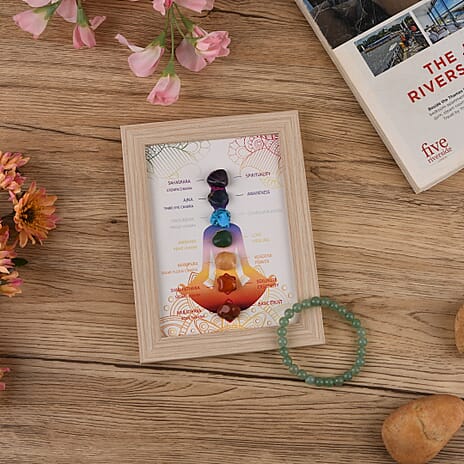 Multi-Gemstone 7 Chakra Healing Crystal Gift Set- Photo Case & Green Adventurine Beads Stretchable Bracelet (7.8-8 inch)