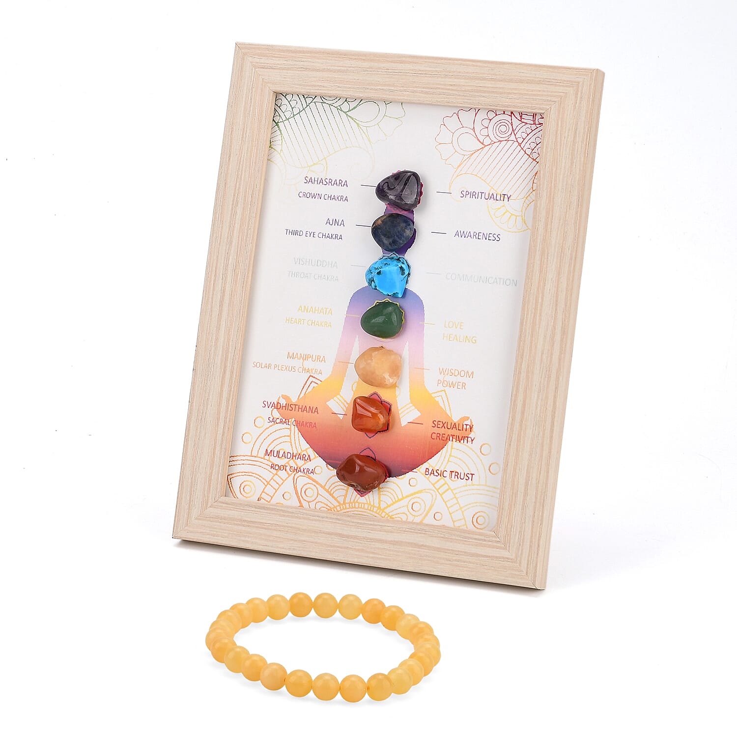Multi-Gemstone 7 Chakra Healing Crystal Gift Set- Photo Case & Yellow Quartz Beads Stretchable Bracelet (7.8-8 inch)