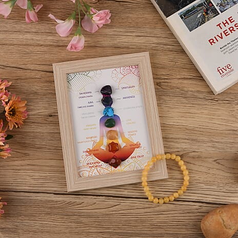 Multi-Gemstone 7 Chakra Healing Crystal Gift Set- Photo Case & Yellow Quartz Beads Stretchable Bracelet (7.8-8 inch)