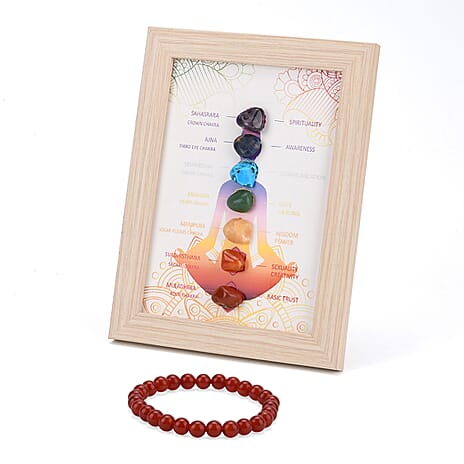 Multi-Gemstone 7 Chakra Healing Crystal Gift Set- Photo Case & Red Agate Beads Stretchable Bracelet (7.8-8 inch)