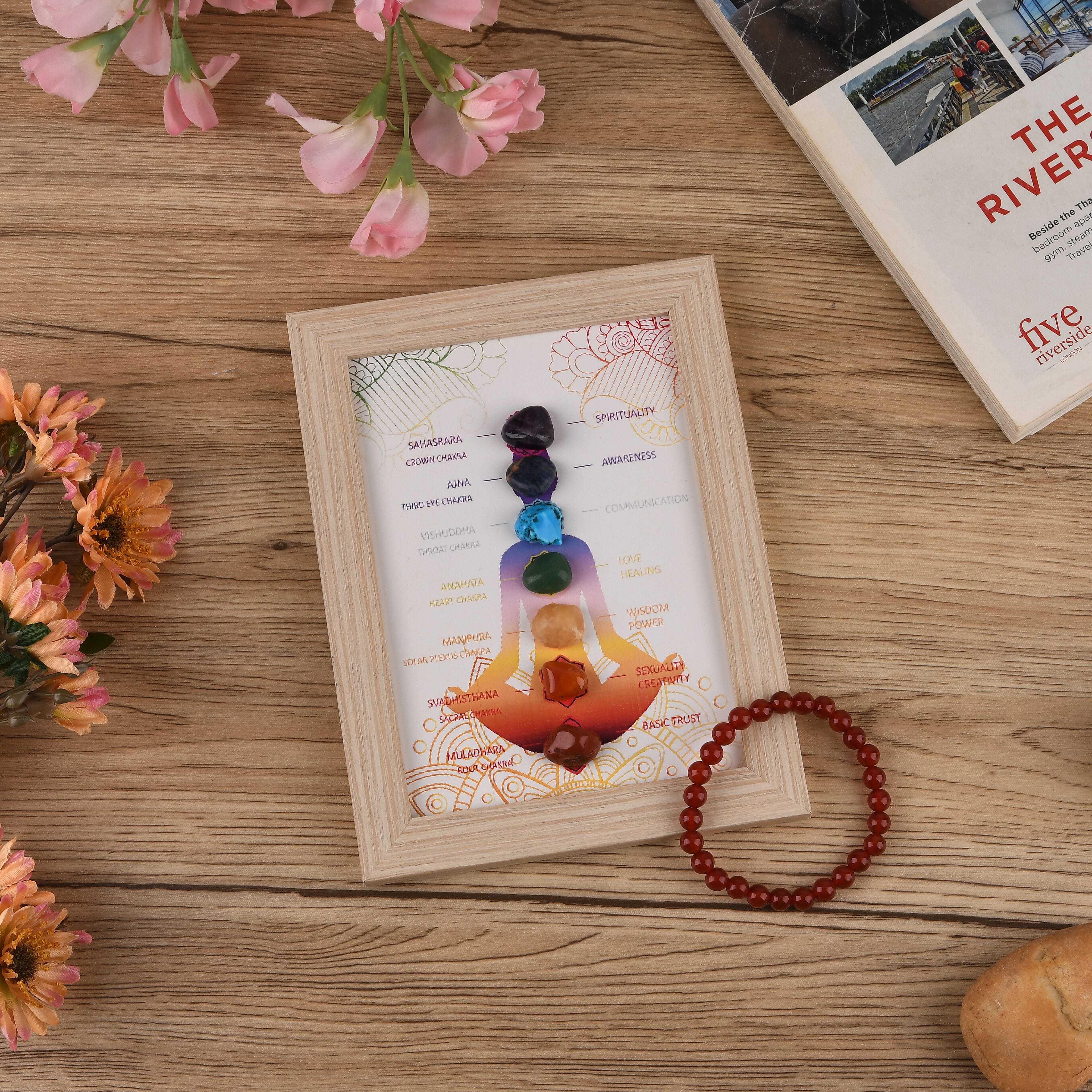 Multi-Gemstone 7 Chakra Healing Crystal Gift Set- Photo Case & Red Agate Beads Stretchable Bracelet (7.8-8 inch)