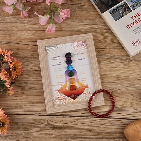 Multi-Gemstone 7 Chakra Healing Crystal Gift Set- Photo Case & Red Agate Beads Stretchable Bracelet (7.8-8 inch)