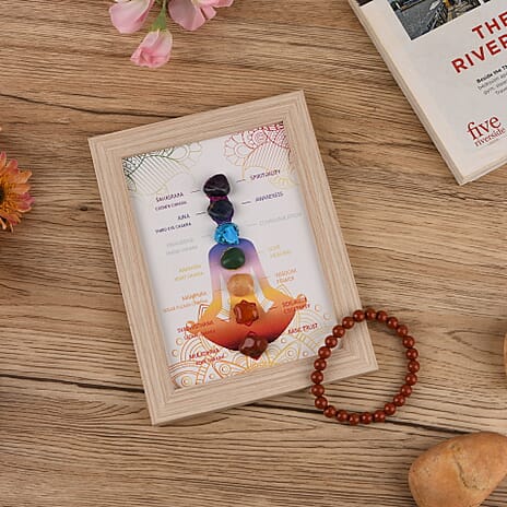 Multi-Gemstone 7 Chakra Healing Crystal Gift Set- Photo Case & Red Jasper Beads Stretchable Bracelet (7.8-8 inch)