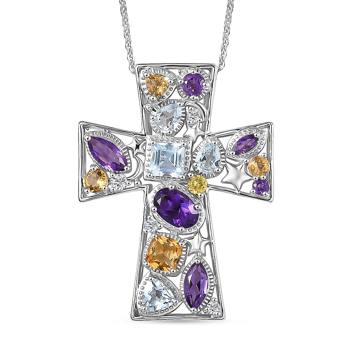 GP- Celestial Dream Collection African Amethyst, Skyblue Topaz, Citrine, White Zircon & Blue Sapphire Cross Pendant with Chain (Size 20) in Rhodium Overlay Sterling Silver 3.05 Ct.