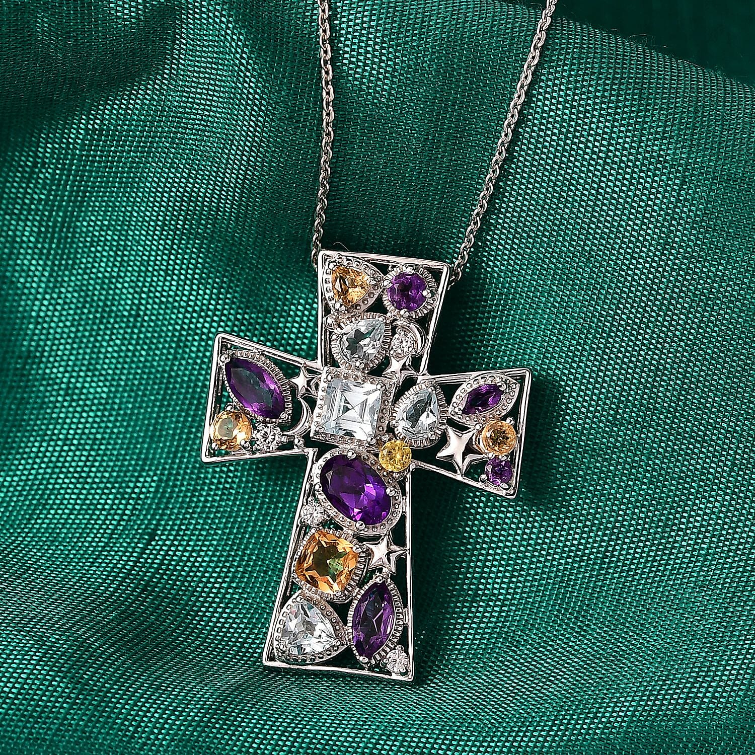 GP- Celestial Dream Collection African Amethyst, Skyblue Topaz, Citrine, White Zircon & Blue Sapphire Cross Pendant with Chain (Size 20) in Rhodium Overlay Sterling Silver 3.05 Ct.
