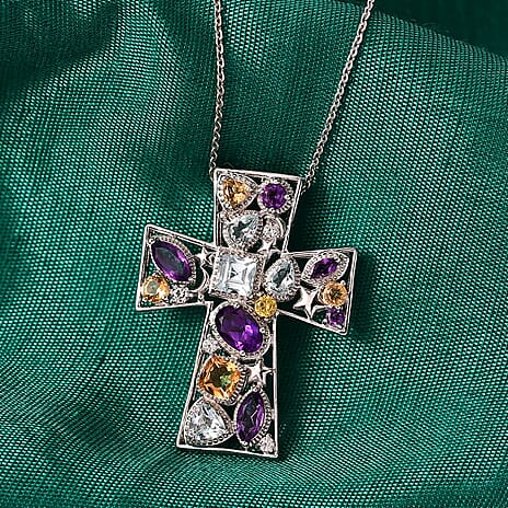 GP- Celestial Dream Collection African Amethyst, Skyblue Topaz, Citrine, White Zircon & Blue Sapphire Cross Pendant with Chain (Size 20) in Rhodium Overlay Sterling Silver 3.05 Ct.