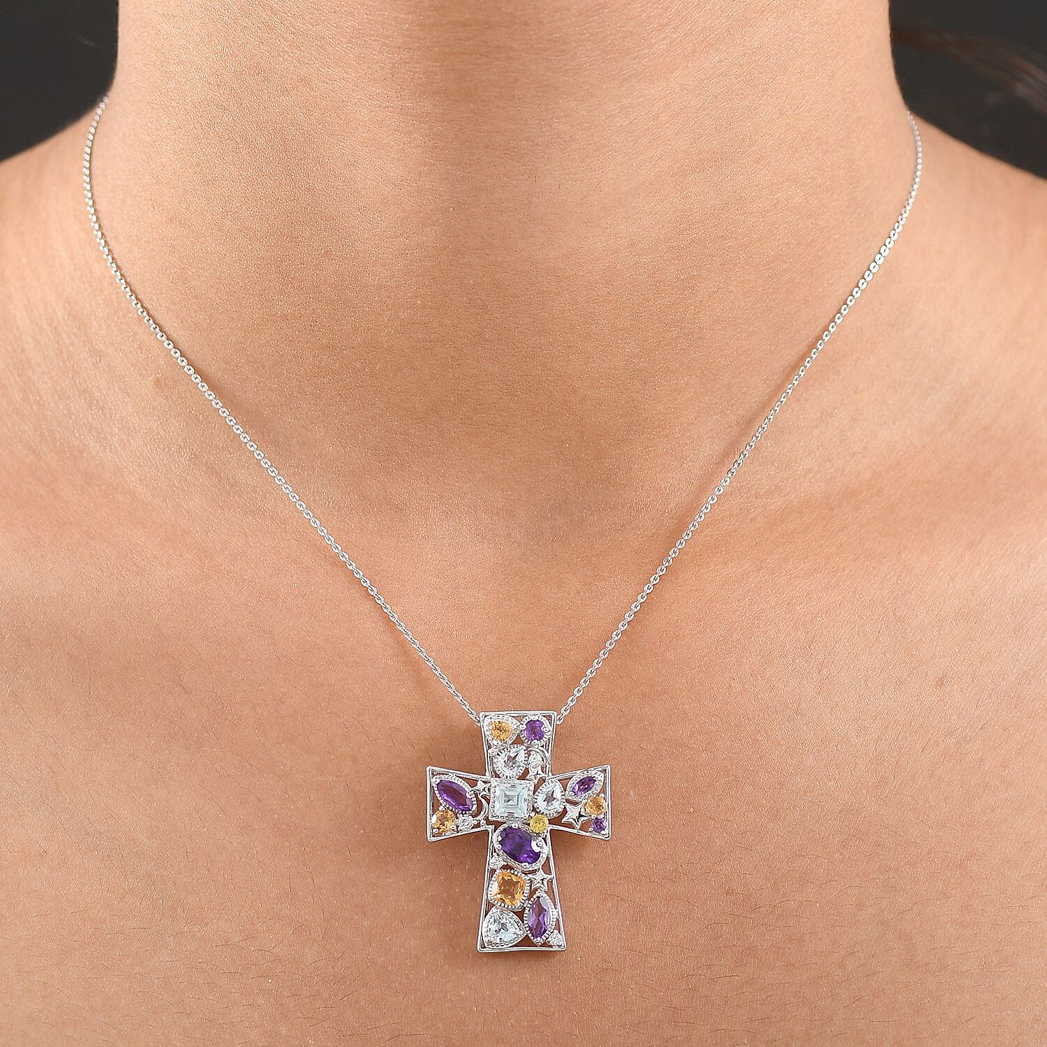 GP- Celestial Dream Collection African Amethyst, Skyblue Topaz, Citrine, White Zircon & Blue Sapphire Cross Pendant with Chain (Size 20) in Rhodium Overlay Sterling Silver 3.05 Ct.