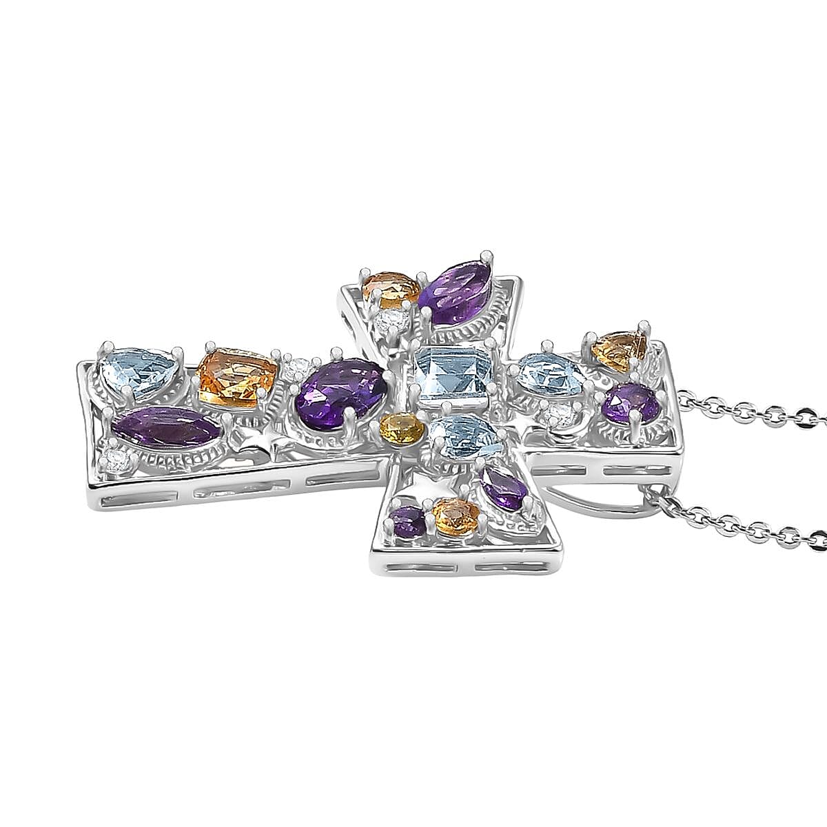 GP- Celestial Dream Collection African Amethyst, Skyblue Topaz, Citrine, White Zircon & Blue Sapphire Cross Pendant with Chain (Size 20) in Rhodium Overlay Sterling Silver 3.05 Ct.