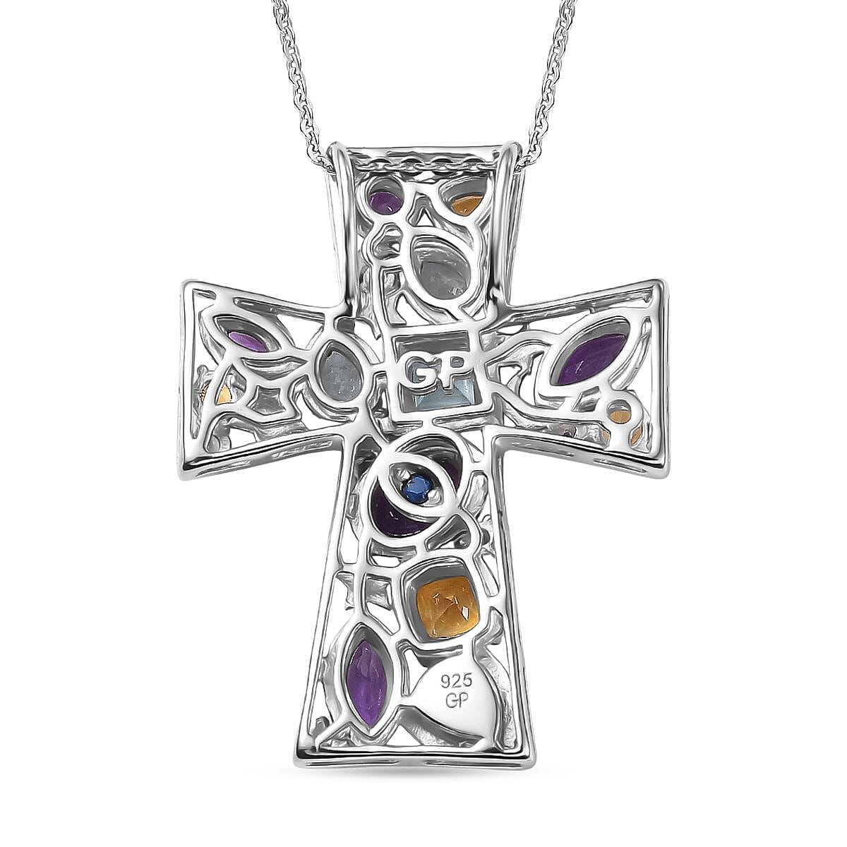 GP- Celestial Dream Collection African Amethyst, Skyblue Topaz, Citrine, White Zircon & Blue Sapphire Cross Pendant with Chain (Size 20) in Rhodium Overlay Sterling Silver 3.05 Ct.