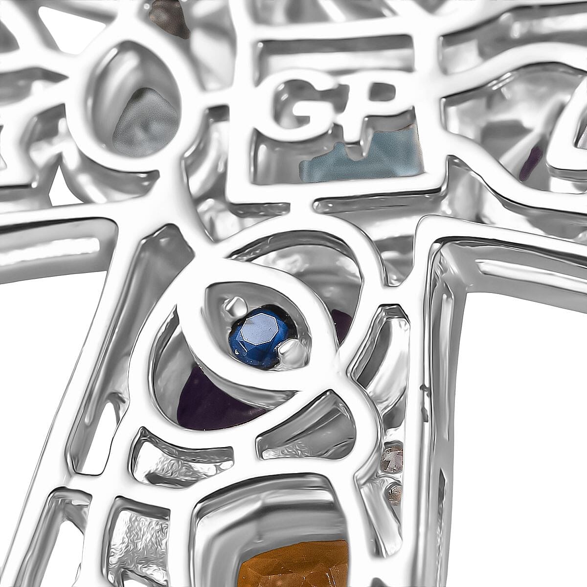 GP- Celestial Dream Collection African Amethyst, Skyblue Topaz, Citrine, White Zircon & Blue Sapphire Cross Pendant with Chain (Size 20) in Rhodium Overlay Sterling Silver 3.05 Ct.