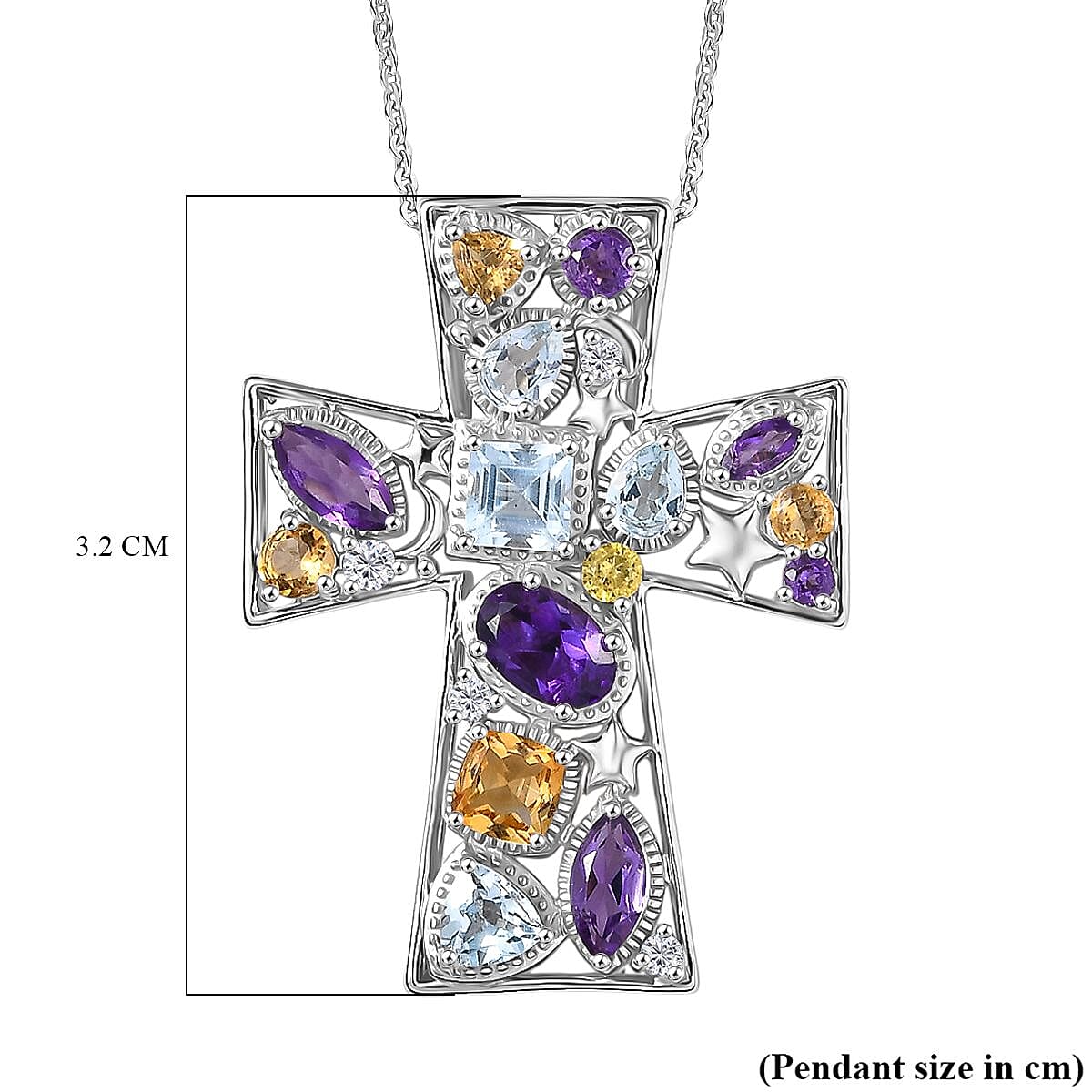 GP- Celestial Dream Collection African Amethyst, Skyblue Topaz, Citrine, White Zircon & Blue Sapphire Cross Pendant with Chain (Size 20) in Rhodium Overlay Sterling Silver 3.05 Ct.