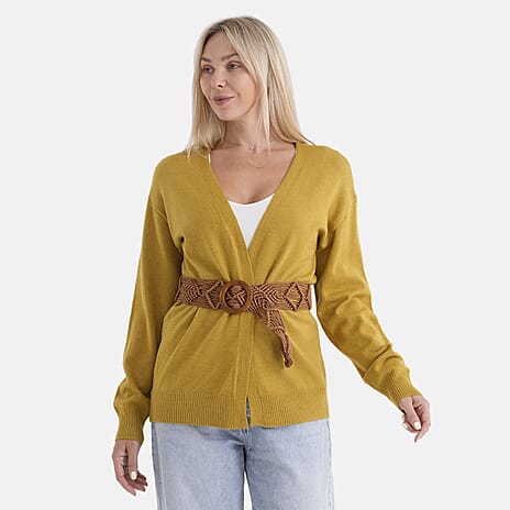 - Maisi Supersoft Knitted Cardigan With Braided Belt (Size 10 To 14) - Mustard