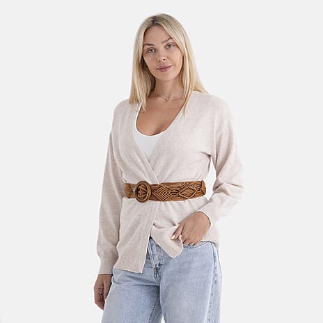 - Maisi Supersoft Knitted Cardigan With Braided Belt (Size 16 To 20) - Ivory