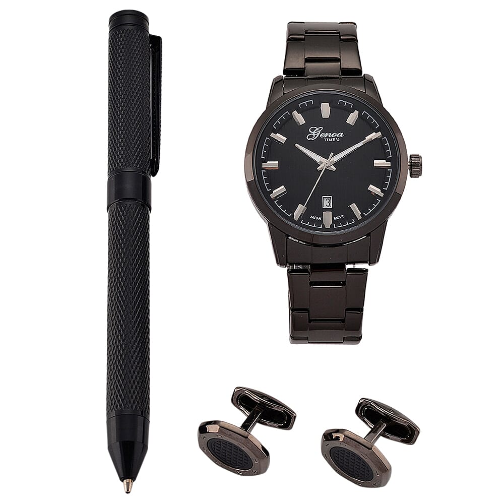 GENOA TIME V2 Quartz PC32 3ATM WR Black Hydraulic Dial Mens Gift Set with Black Stainless Steel Strap, Pen & Cufflinks