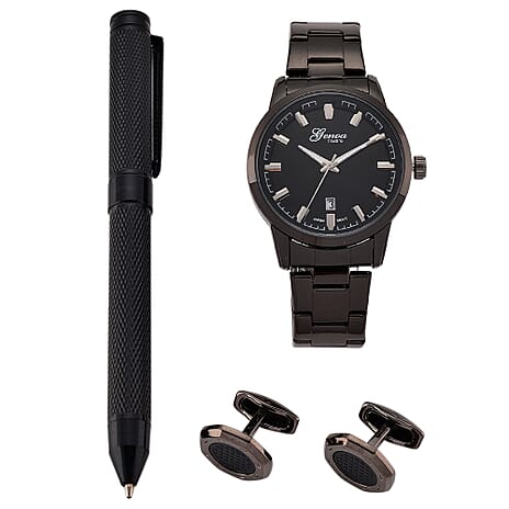 GENOA TIME V2 Quartz PC32 3ATM WR Black Hydraulic Dial Mens Gift Set with Black Stainless Steel Strap, Pen & Cufflinks