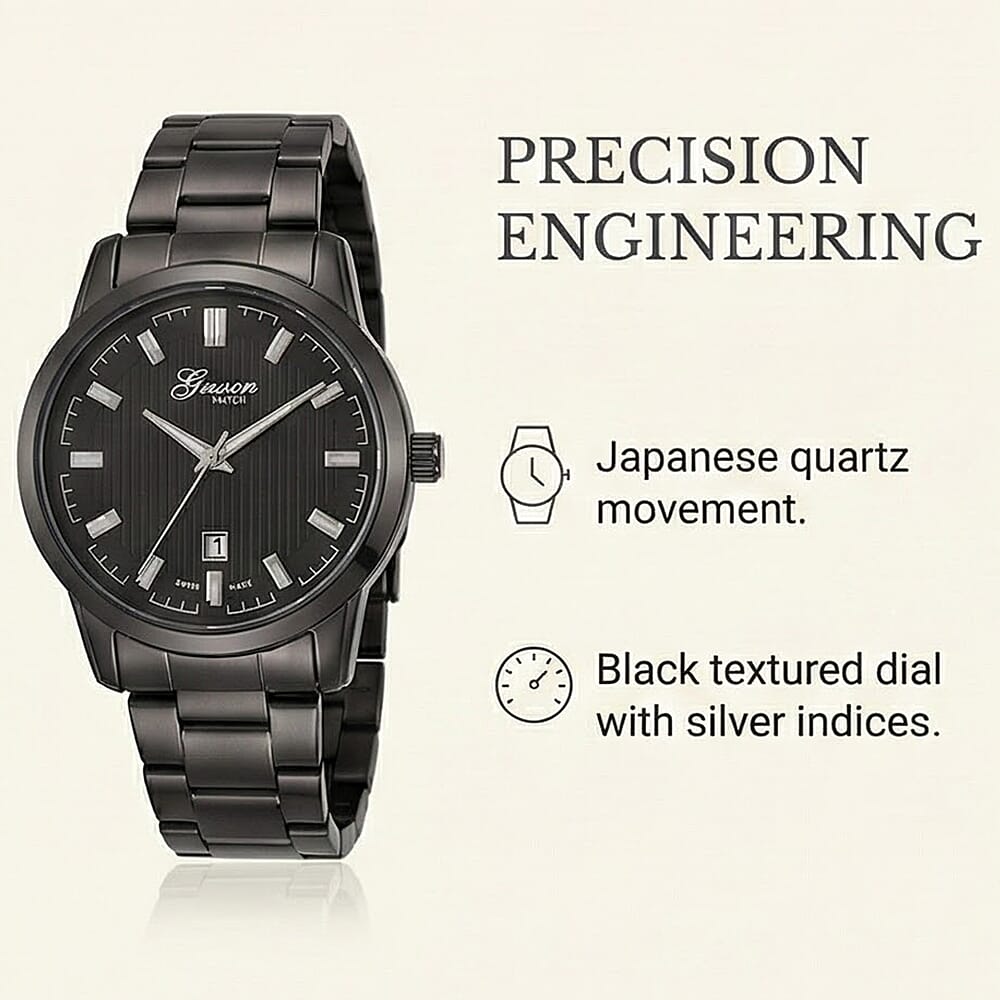 GENOA TIME V2 Quartz PC32 3ATM WR Black Hydraulic Dial Mens Gift Set with Black Stainless Steel Strap, Pen & Cufflinks