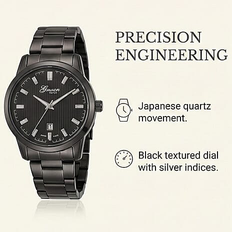 GENOA TIME V2 Quartz PC32 3ATM WR Black Hydraulic Dial Mens Gift Set with Black Stainless Steel Strap, Pen & Cufflinks