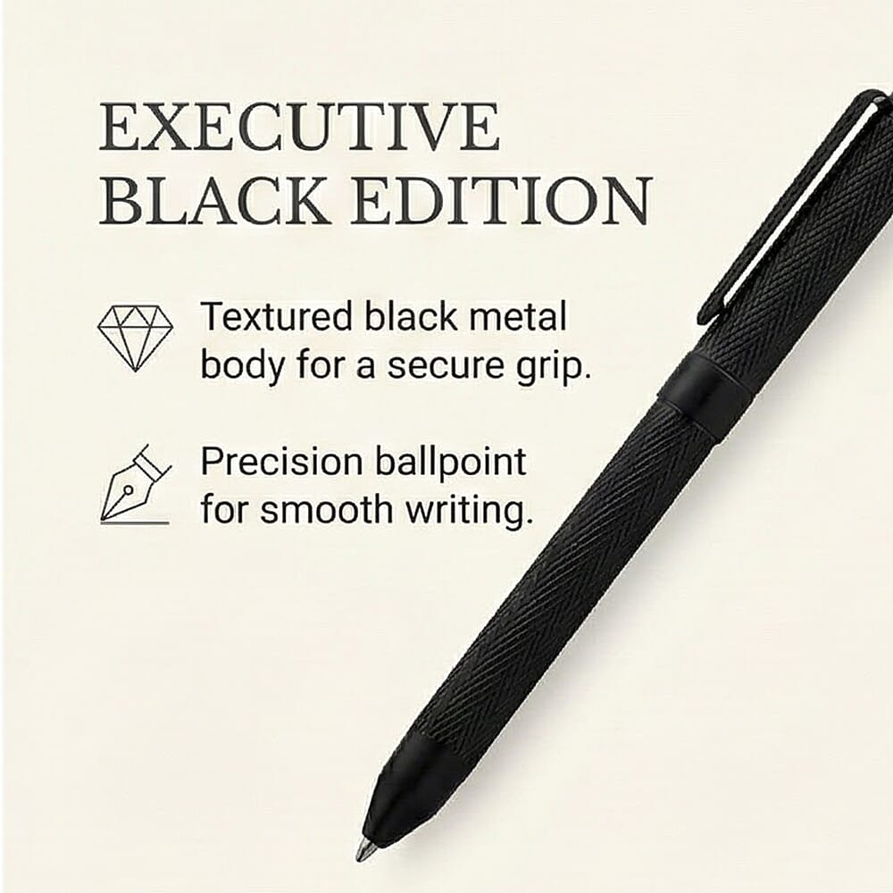 GENOA TIME V2 Quartz PC32 3ATM WR Black Hydraulic Dial Mens Gift Set with Black Stainless Steel Strap, Pen & Cufflinks