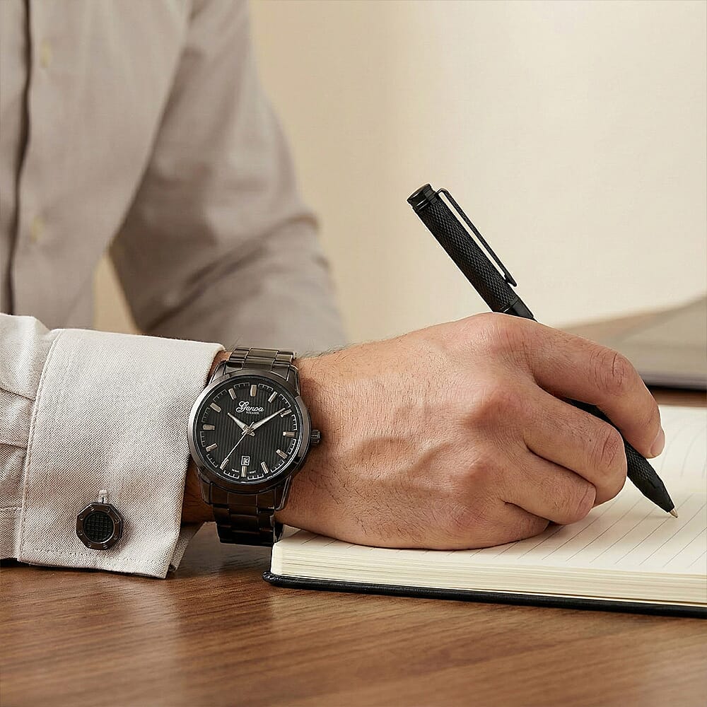 GENOA TIME V2 Quartz PC32 3ATM WR Black Hydraulic Dial Mens Gift Set with Black Stainless Steel Strap, Pen & Cufflinks
