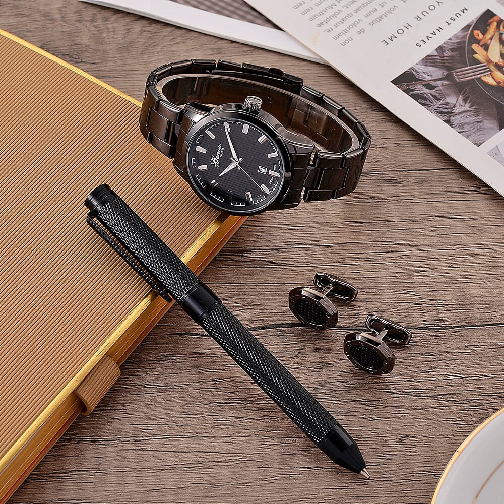 GENOA TIME V2 Quartz PC32 3ATM WR Black Hydraulic Dial Mens Gift Set with Black Stainless Steel Strap, Pen & Cufflinks