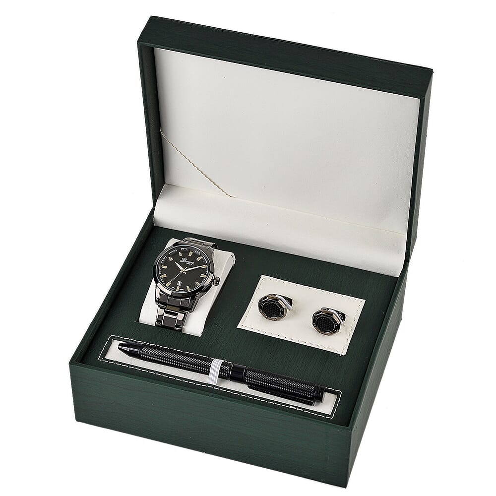 GENOA TIME V2 Quartz PC32 3ATM WR Black Hydraulic Dial Mens Gift Set with Black Stainless Steel Strap, Pen & Cufflinks