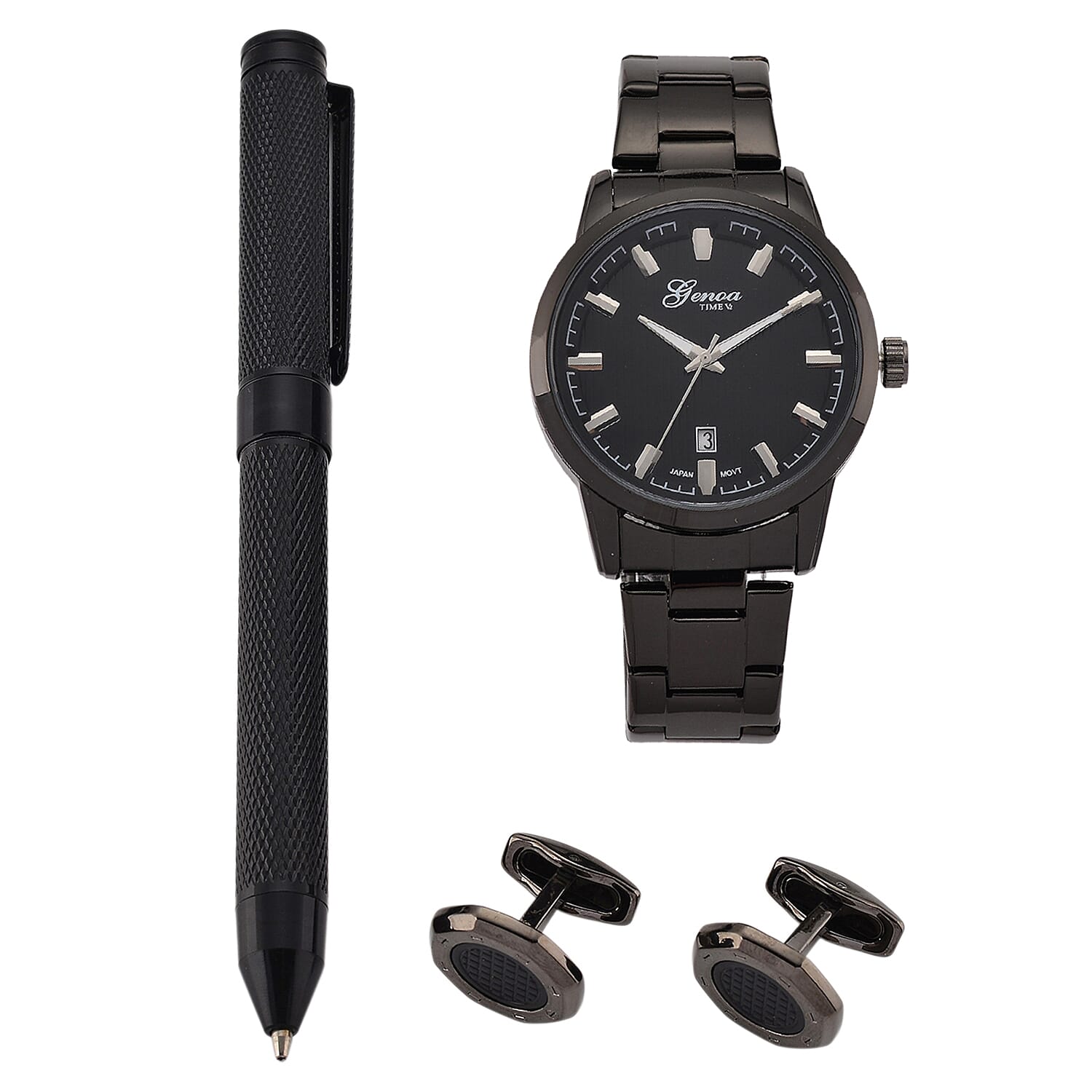 GENOA TIME V2 Quartz PC32 3ATM WR Black Hydraulic Dial Mens Gift Set with Black Stainless Steel Strap, Pen & Cufflinks
