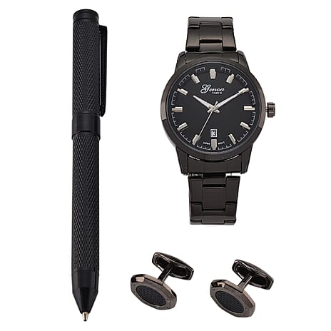 GENOA TIME V2 Quartz PC32 3ATM WR Black Hydraulic Dial Mens Gift Set with Black Stainless Steel Strap, Pen & Cufflinks