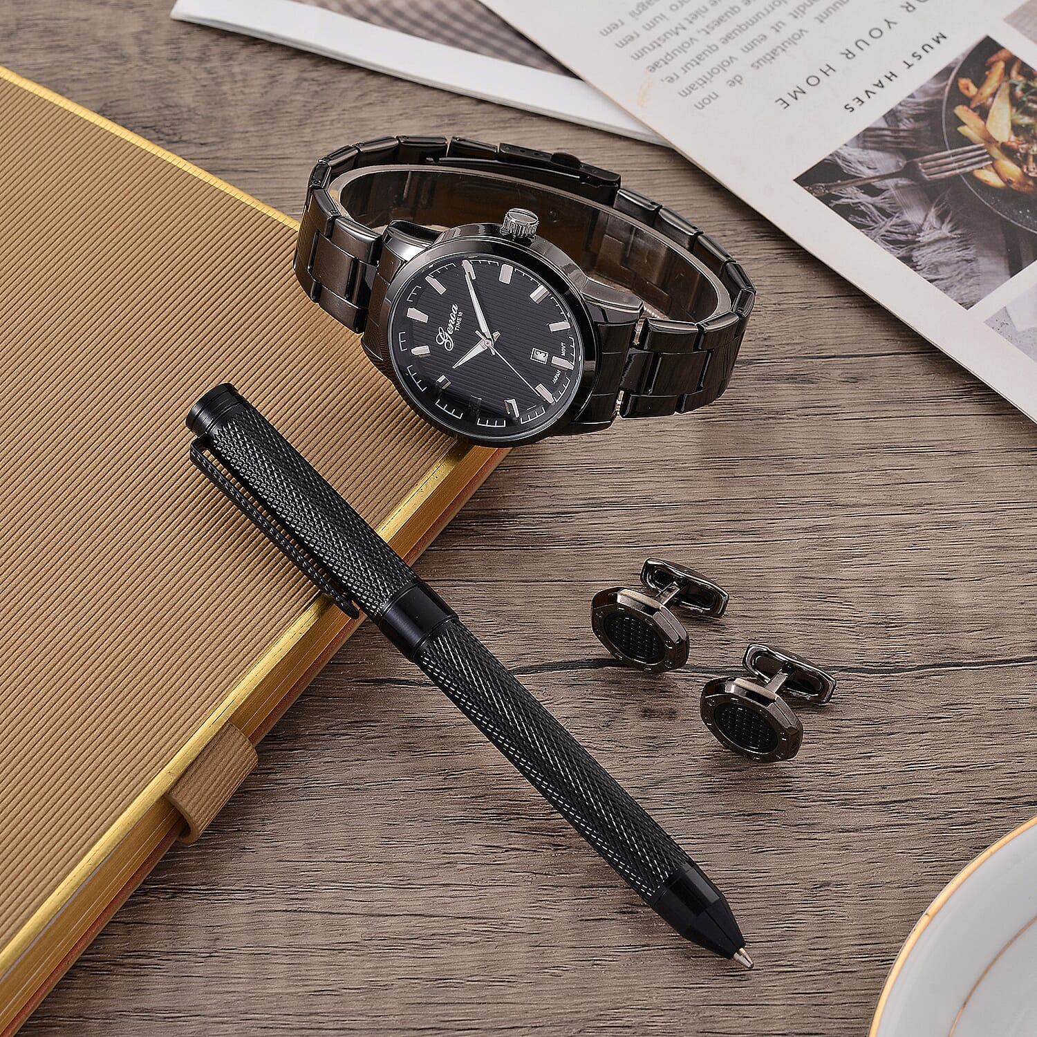 GENOA TIME V2 Quartz PC32 3ATM WR Black Hydraulic Dial Mens Gift Set with Black Stainless Steel Strap, Pen & Cufflinks
