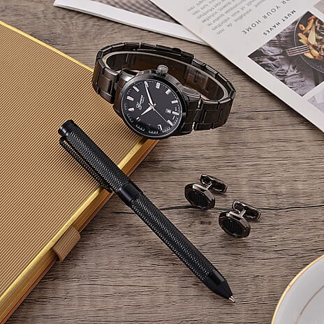GENOA TIME V2 Quartz PC32 3ATM WR Black Hydraulic Dial Mens Gift Set with Black Stainless Steel Strap, Pen & Cufflinks