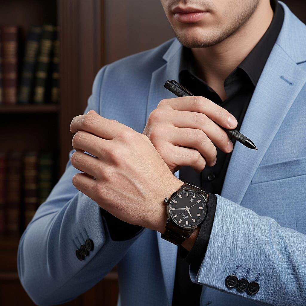 GENOA TIME V2 Quartz PC32 3ATM WR Black Hydraulic Dial Mens Gift Set with Black Stainless Steel Strap, Pen & Cufflinks