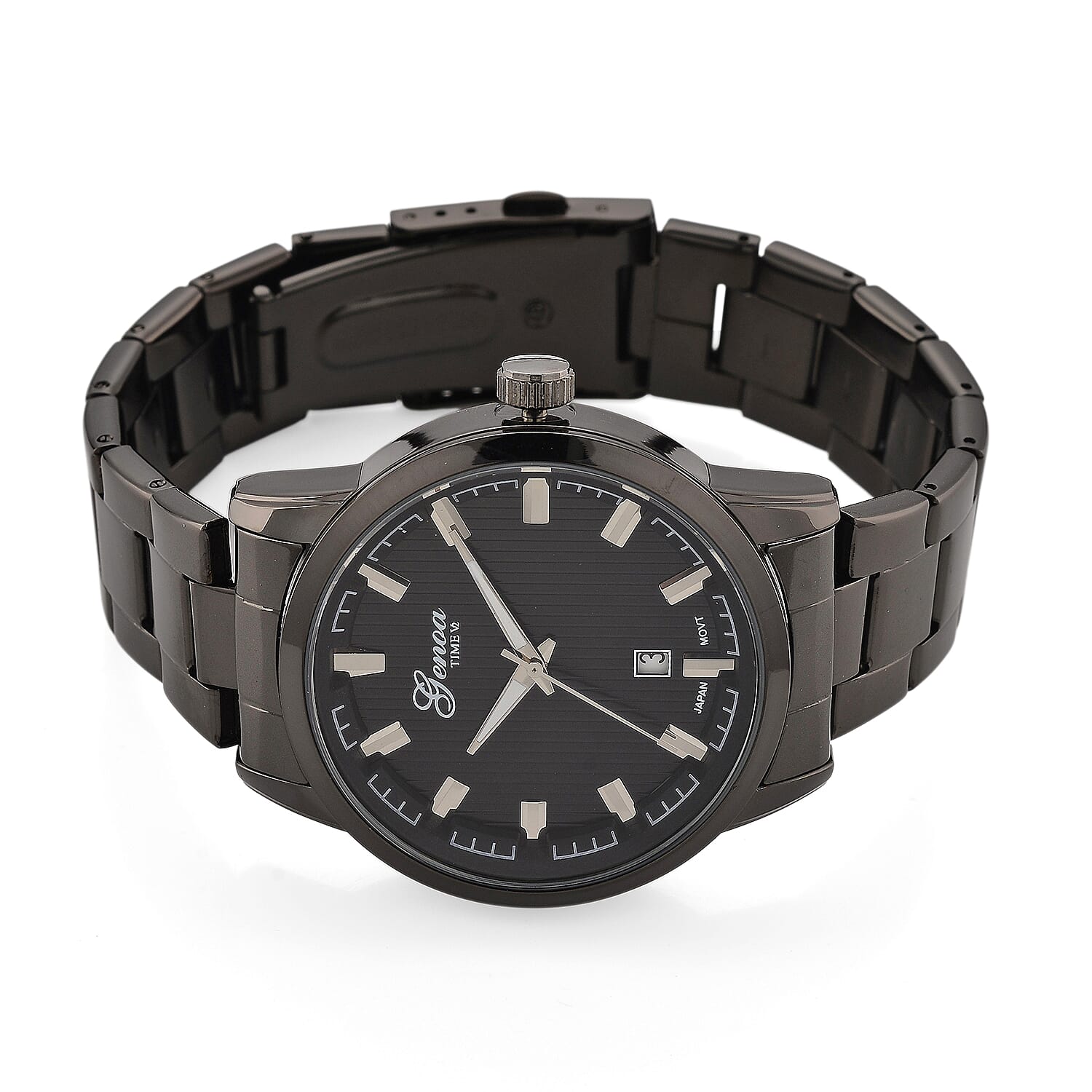 GENOA TIME V2 Quartz PC32 3ATM WR Black Hydraulic Dial Mens Gift Set with Black Stainless Steel Strap, Pen & Cufflinks