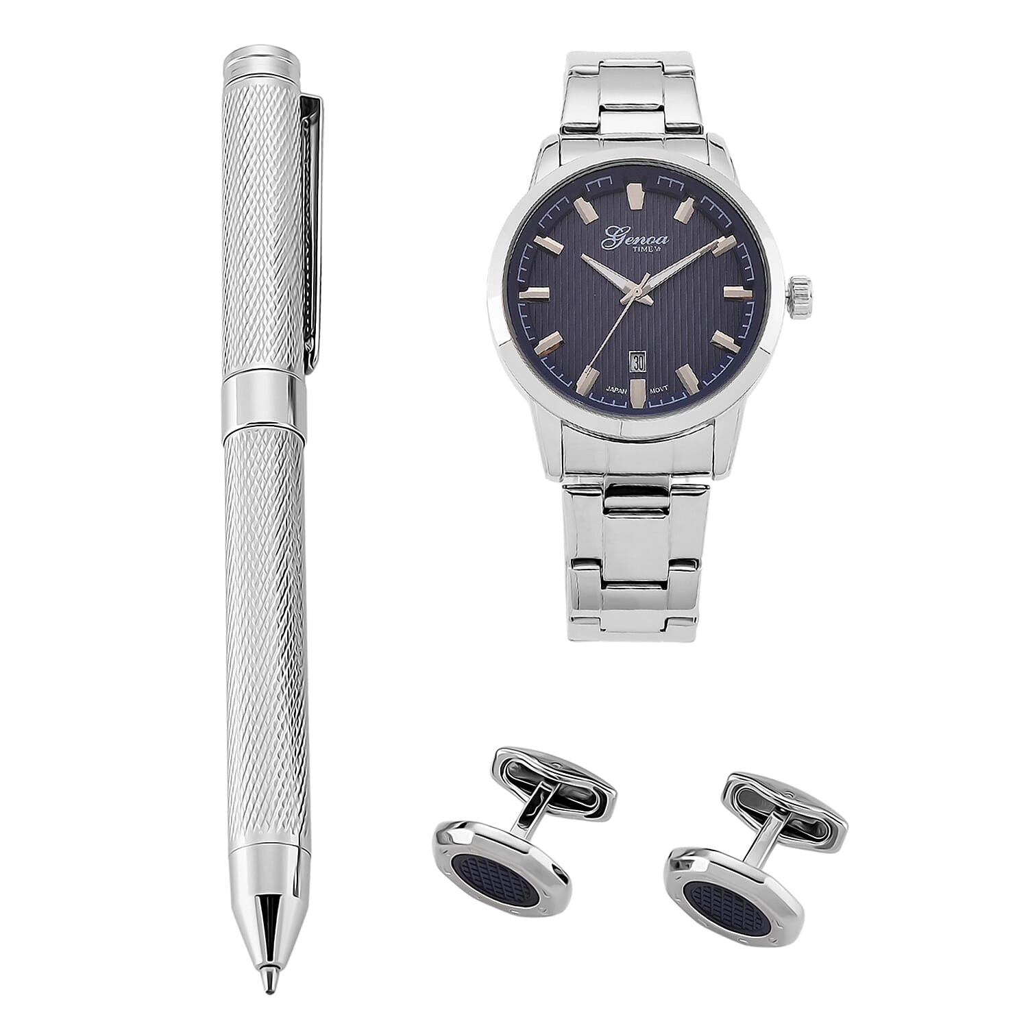 GENOA TIME V2 Quartz PC32 3ATM WR Blue Hydraulic Dial Mens Gift Set with Silver Stainless Steel Strap, Pen & Cufflinks
