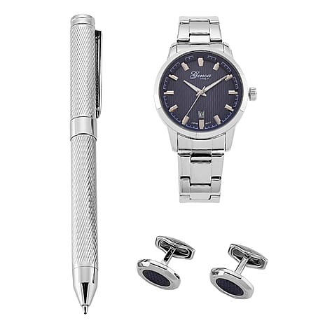 GENOA TIME V2 Quartz PC32 3ATM WR Blue Hydraulic Dial Mens Gift Set with Silver Stainless Steel Strap, Pen & Cufflinks