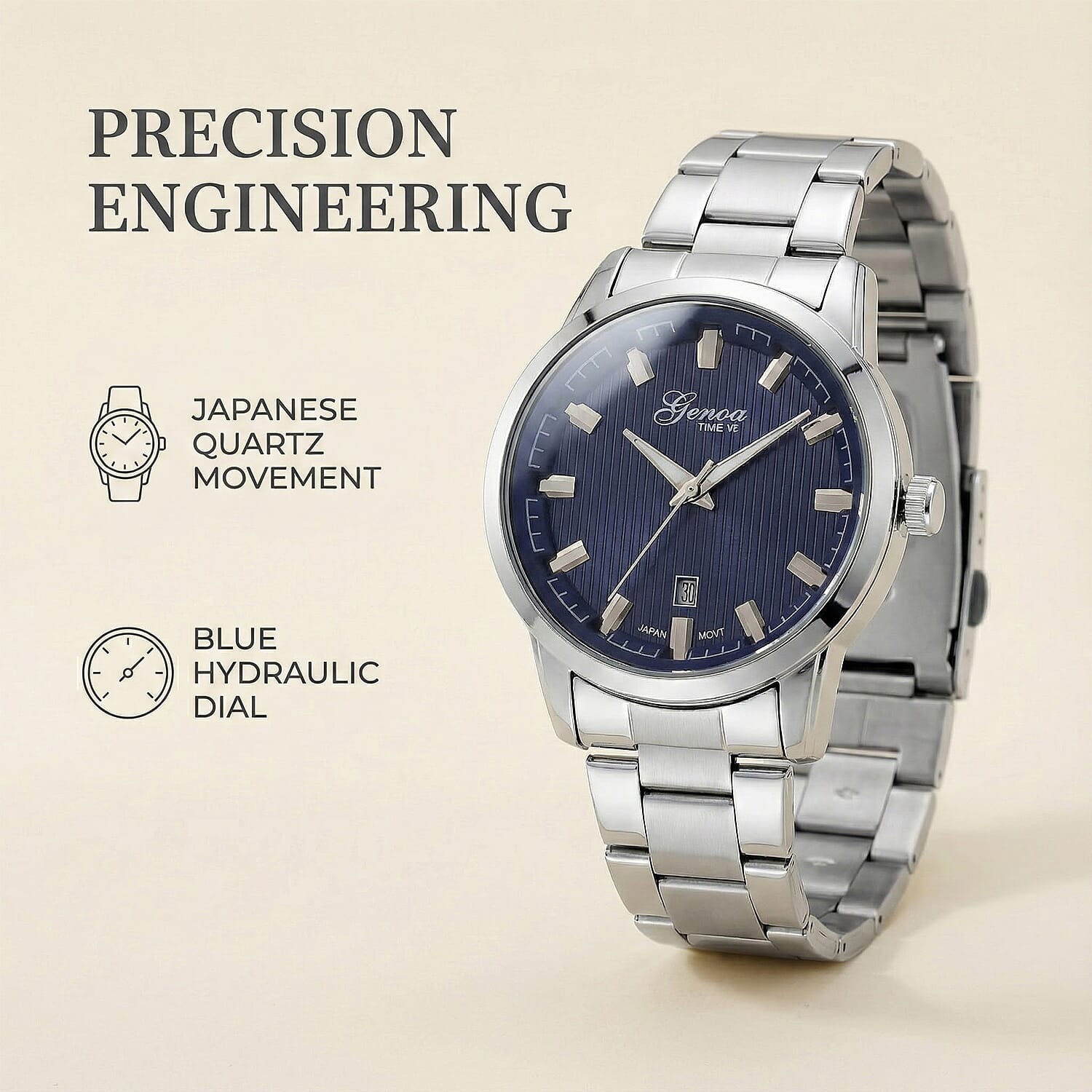 GENOA TIME V2 Quartz PC32 3ATM WR Blue Hydraulic Dial Mens Gift Set with Silver Stainless Steel Strap, Pen & Cufflinks