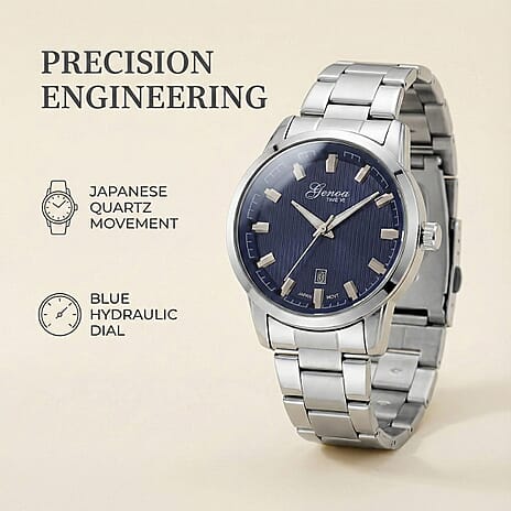 GENOA TIME V2 Quartz PC32 3ATM WR Blue Hydraulic Dial Mens Gift Set with Silver Stainless Steel Strap, Pen & Cufflinks