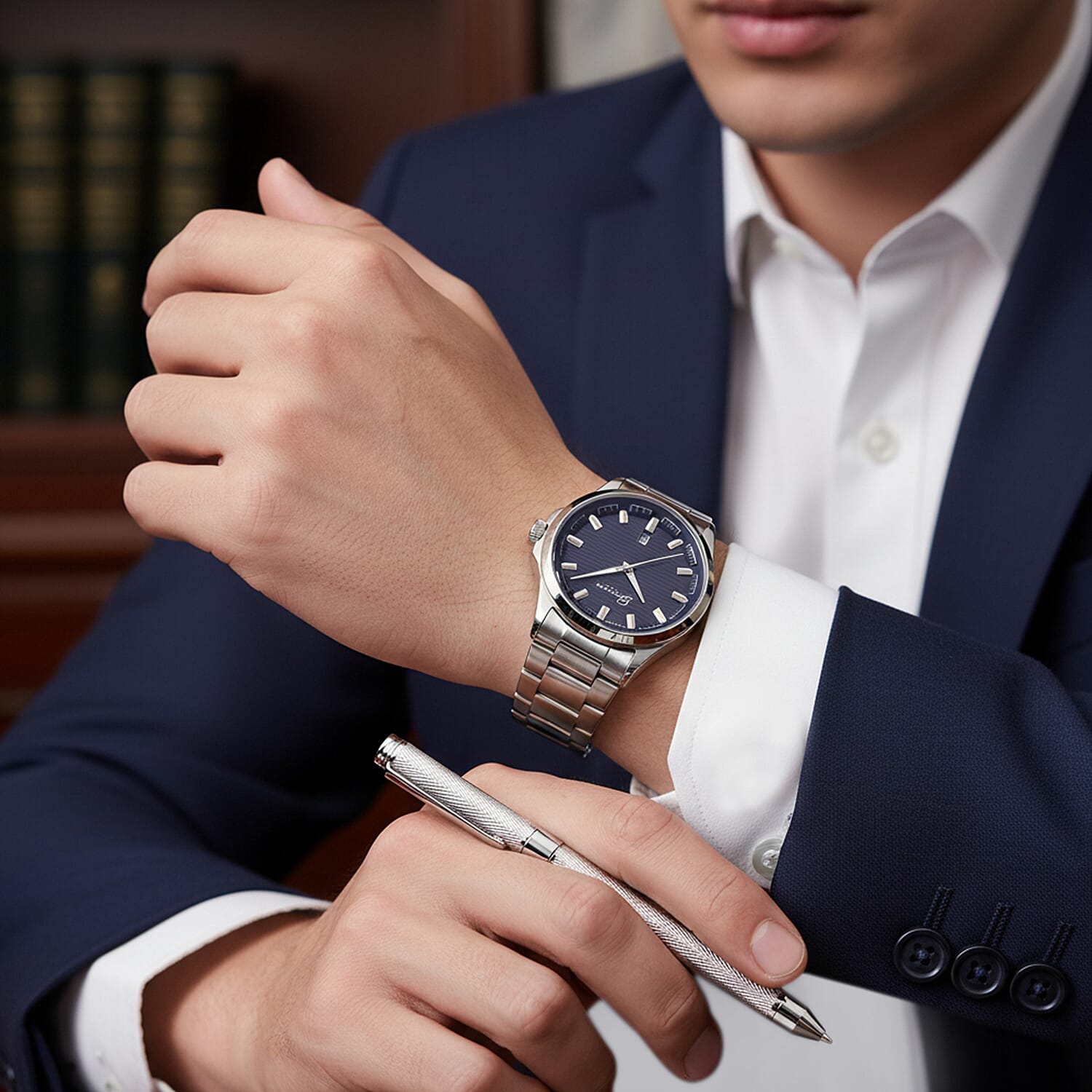 GENOA TIME V2 Quartz PC32 3ATM WR Blue Hydraulic Dial Mens Gift Set with Silver Stainless Steel Strap, Pen & Cufflinks