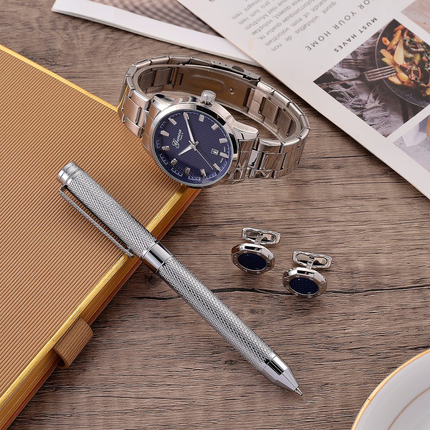 GENOA TIME V2 Quartz PC32 3ATM WR Blue Hydraulic Dial Mens Gift Set with Silver Stainless Steel Strap, Pen & Cufflinks