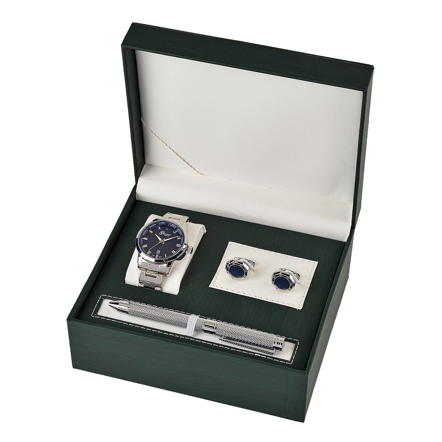 GENOA TIME V2 Quartz PC32 3ATM WR Blue Hydraulic Dial Mens Gift Set with Silver Stainless Steel Strap, Pen & Cufflinks