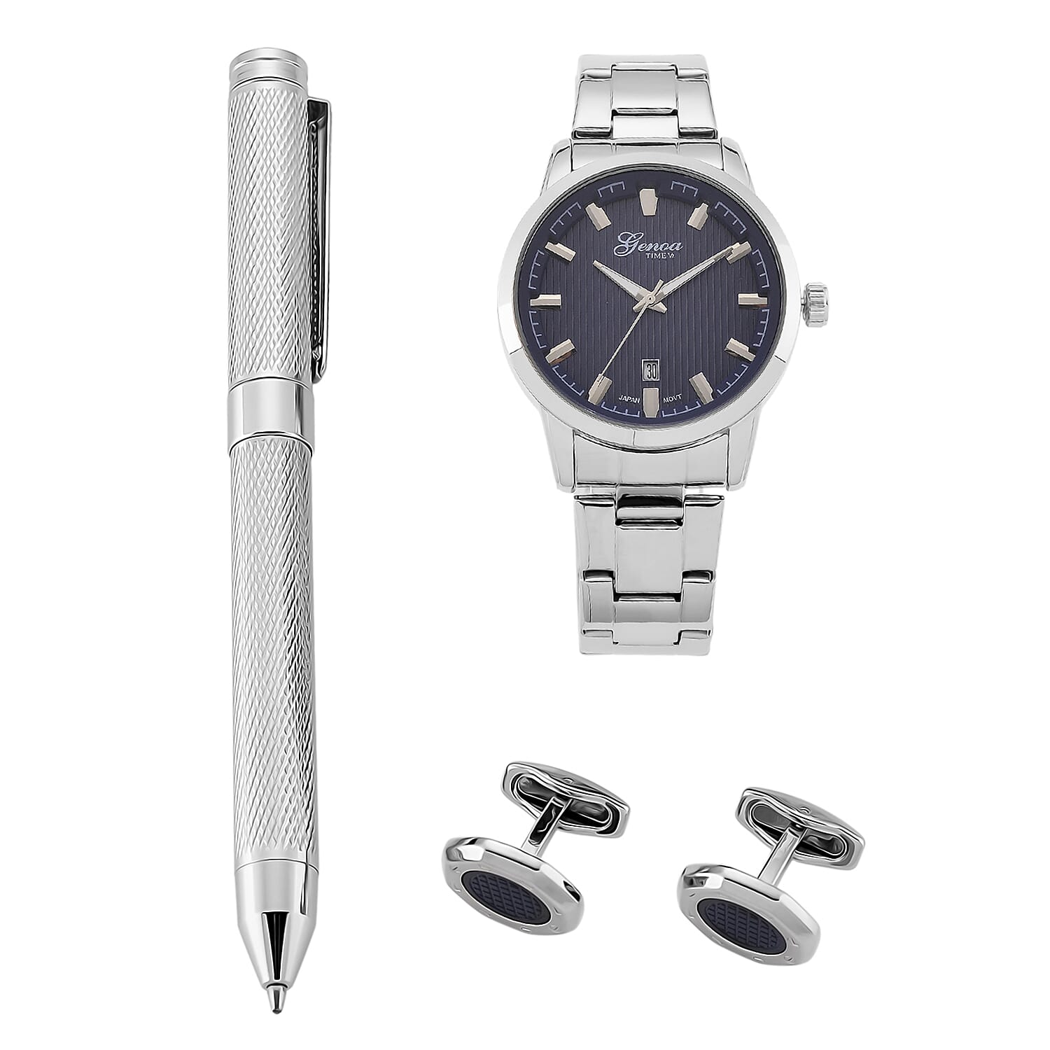 GENOA TIME V2 Quartz PC32 3ATM WR Blue Hydraulic Dial Mens Gift Set with Silver Stainless Steel Strap, Pen & Cufflinks