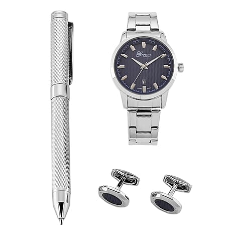 GENOA TIME V2 Quartz PC32 3ATM WR Blue Hydraulic Dial Mens Gift Set with Silver Stainless Steel Strap, Pen & Cufflinks