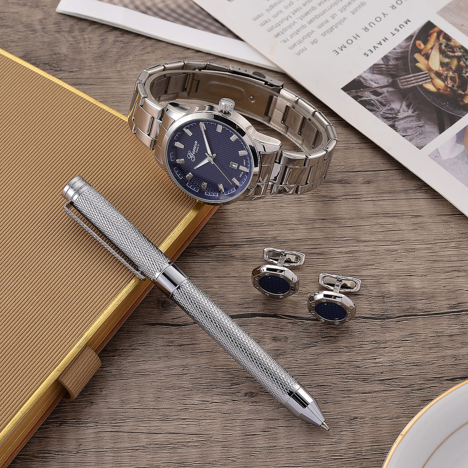 GENOA TIME V2 Quartz PC32 3ATM WR Blue Hydraulic Dial Mens Gift Set with Silver Stainless Steel Strap, Pen & Cufflinks
