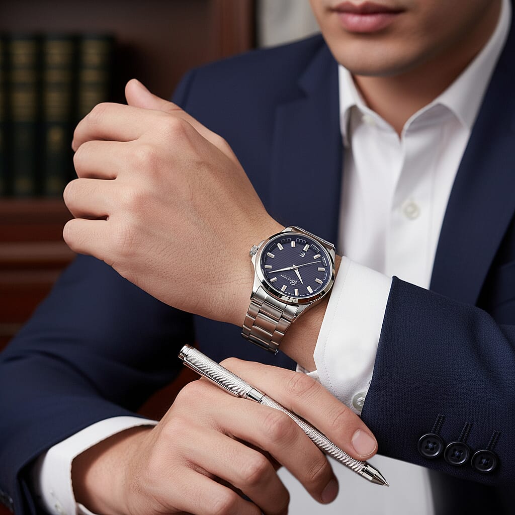 GENOA TIME V2 Quartz PC32 3ATM WR Blue Hydraulic Dial Mens Gift Set with Silver Stainless Steel Strap, Pen & Cufflinks