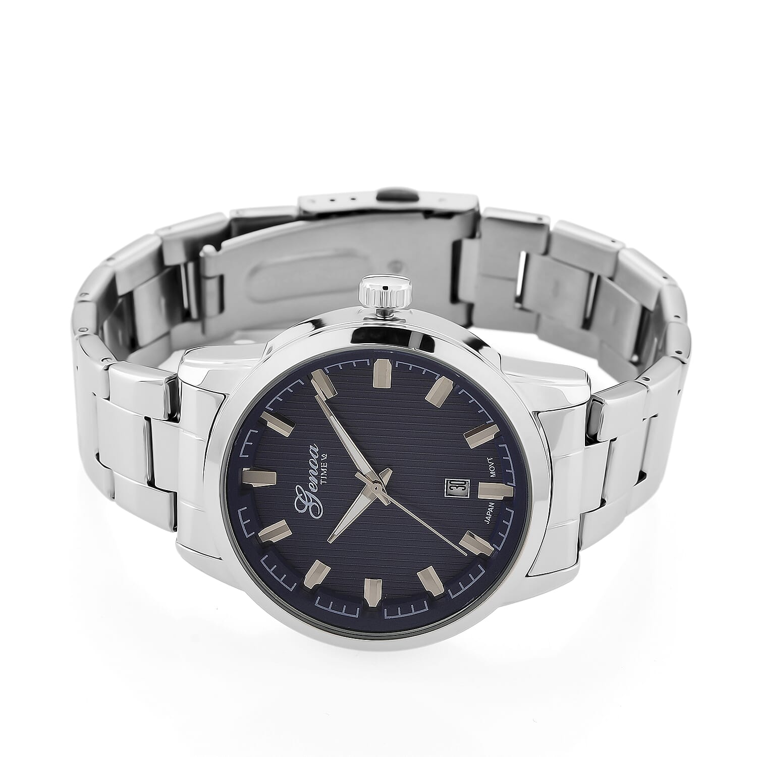 GENOA TIME V2 Quartz PC32 3ATM WR Blue Hydraulic Dial Mens Gift Set with Silver Stainless Steel Strap, Pen & Cufflinks