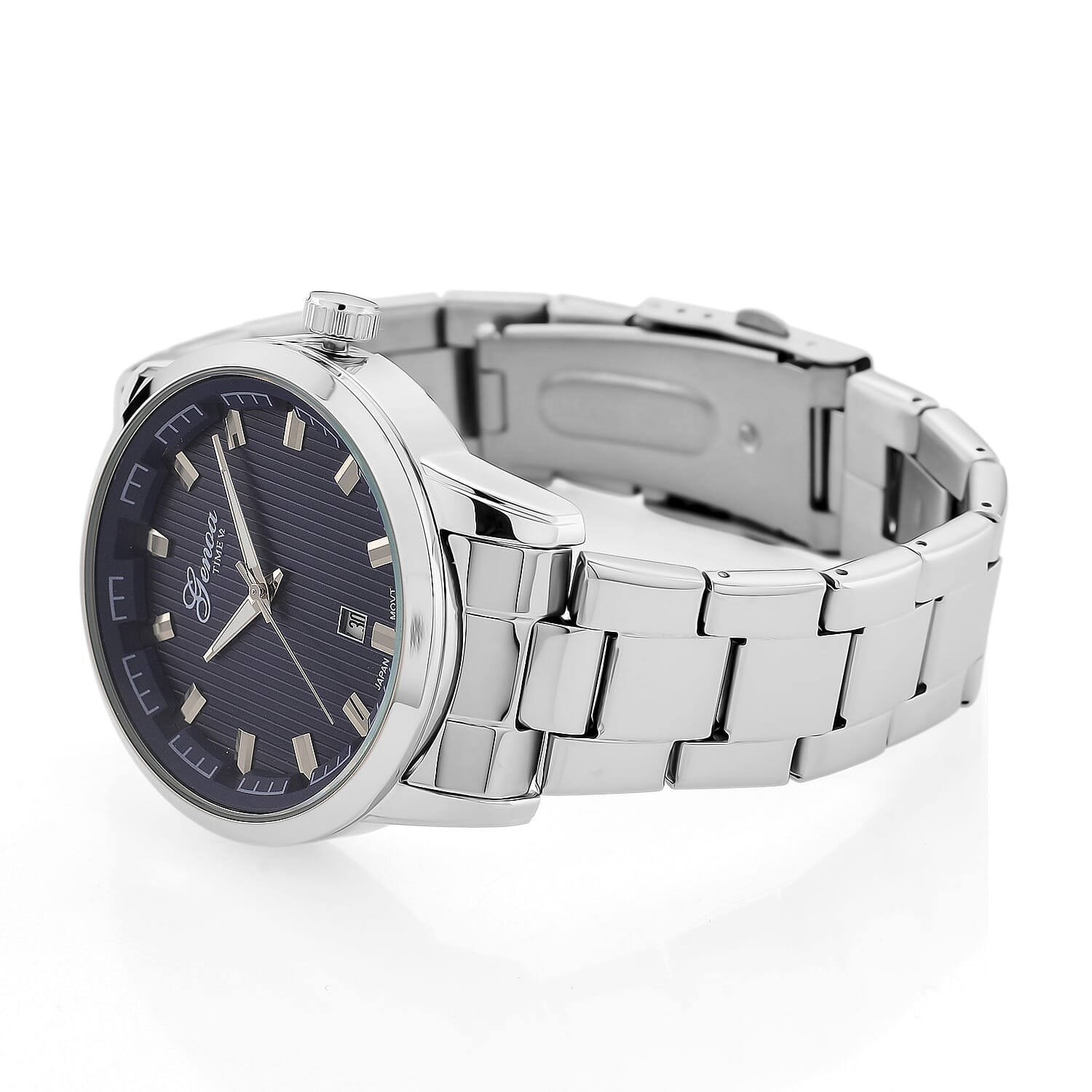 GENOA TIME V2 Quartz PC32 3ATM WR Blue Hydraulic Dial Mens Gift Set with Silver Stainless Steel Strap, Pen & Cufflinks