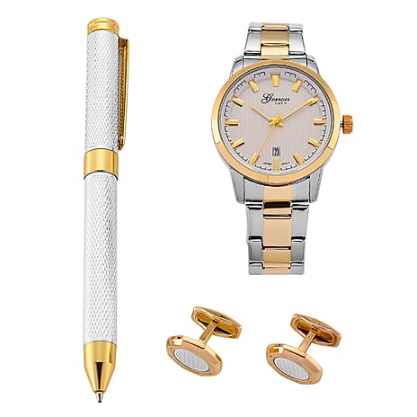 GENOA TIME V2 Quartz PC32 3ATM WR White Hydraulic Dial Mens Gift Set with Two-Tone Stainless Steel Strap, Pen & Cufflinks