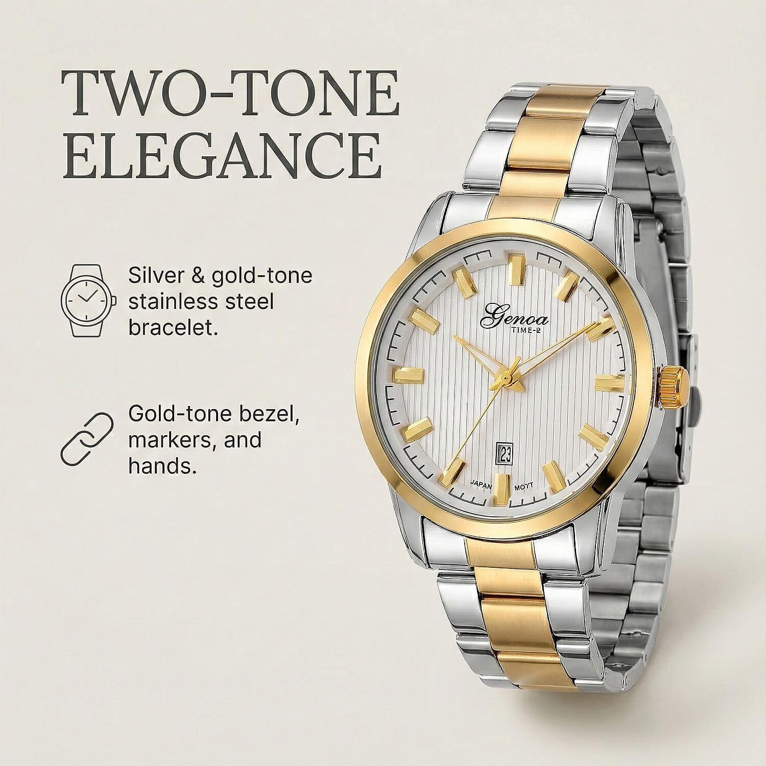 GENOA TIME V2 Quartz PC32 3ATM WR White Hydraulic Dial Mens Gift Set with Two-Tone Stainless Steel Strap, Pen & Cufflinks