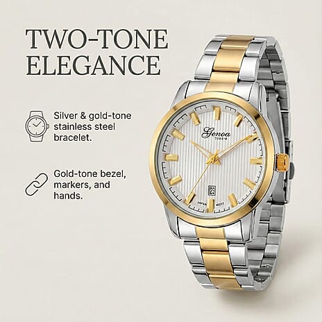 GENOA TIME V2 Quartz PC32 3ATM WR White Hydraulic Dial Mens Gift Set with Two-Tone Stainless Steel Strap, Pen & Cufflinks